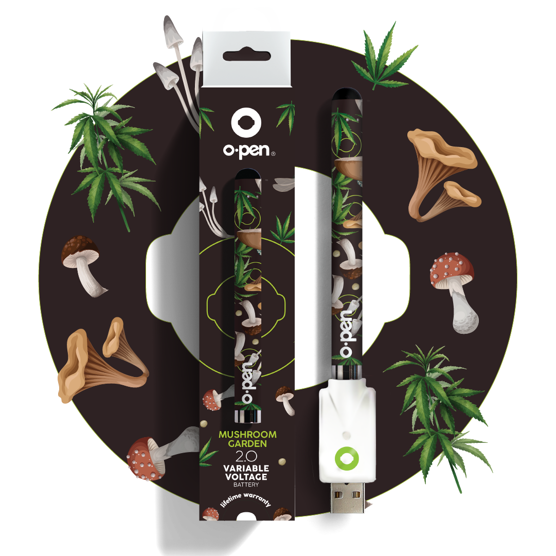 mushroom themed vape pen battery, a 510 thread vape pen designed for use with 510-thread weed carts